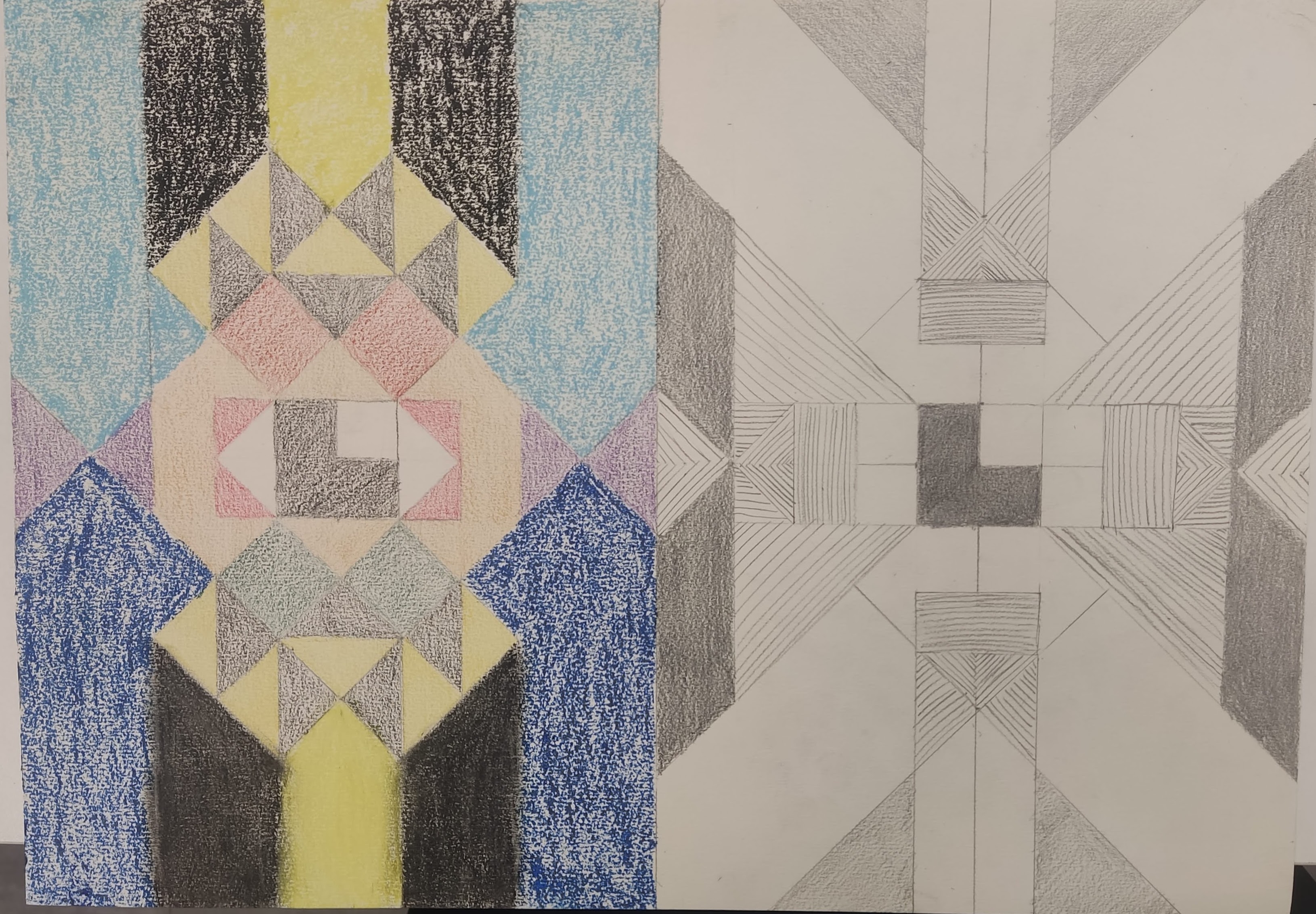 A kinda cubist eye made with colored and lead pencils.