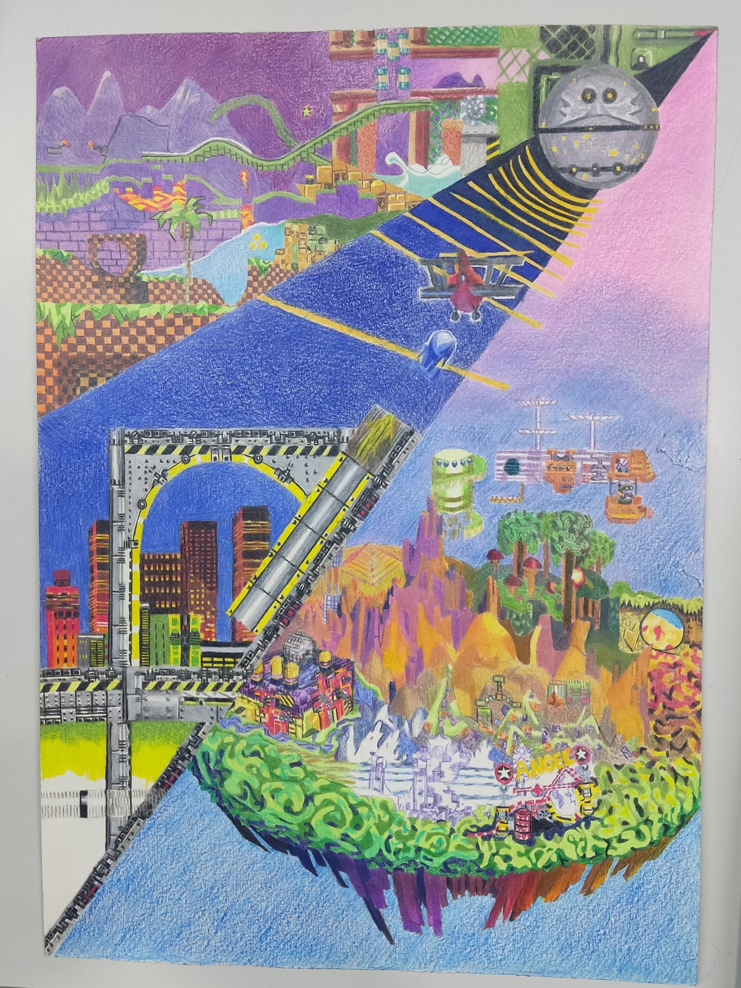 A color pencil drawing displaying zones from the Classic Sonic Trilogy.